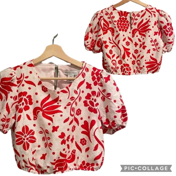Revolve Cupcakes & Cashmere Red Floral Bird Pattern Linen Blend Crop Top Size S - Picture 13 of 13